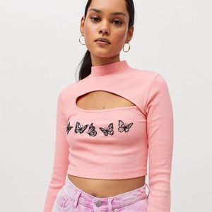 Urban Outfitters | Tops | Urban Outfitters Pink Womens Embroidered Butterfly  Long Sleeve Tee Crop Top Nwt | Poshmark